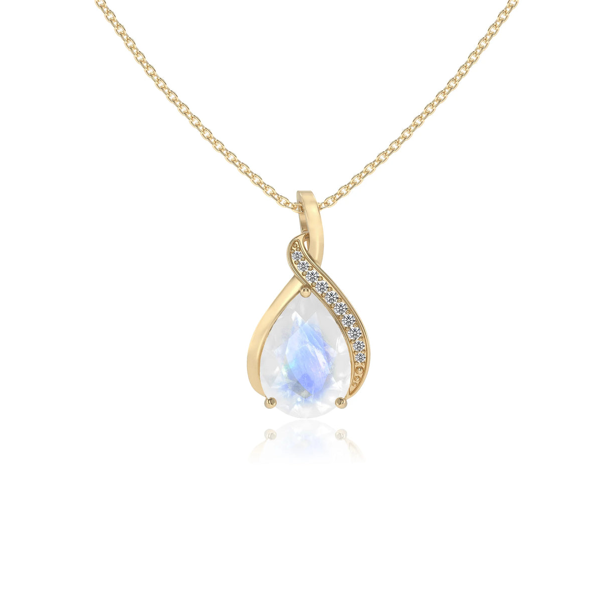 natural rainbow-moonstone pear solitaire necklaces in yellow gold 