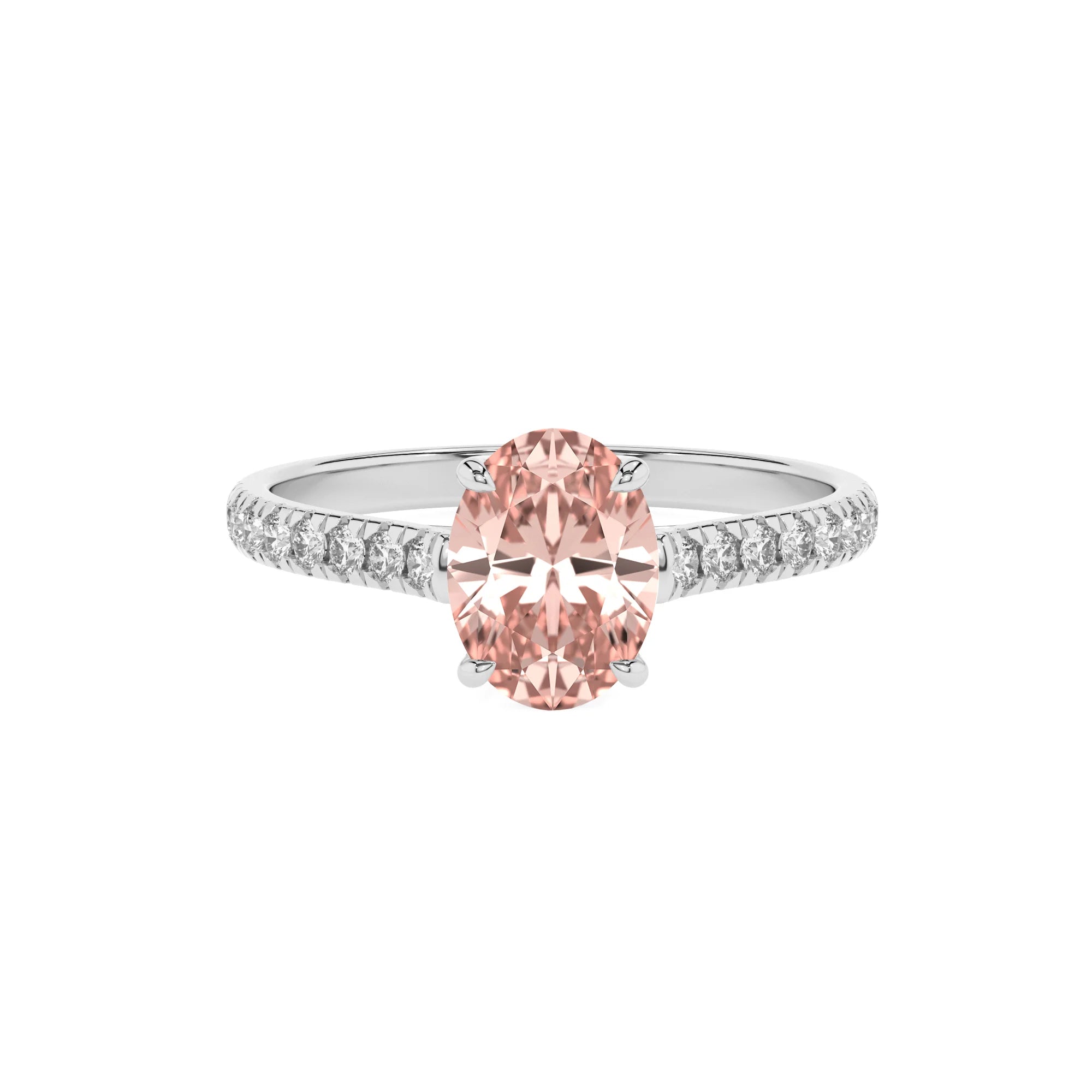 lab grown morganite oval half eternity solitaire engagement rings in platinum 