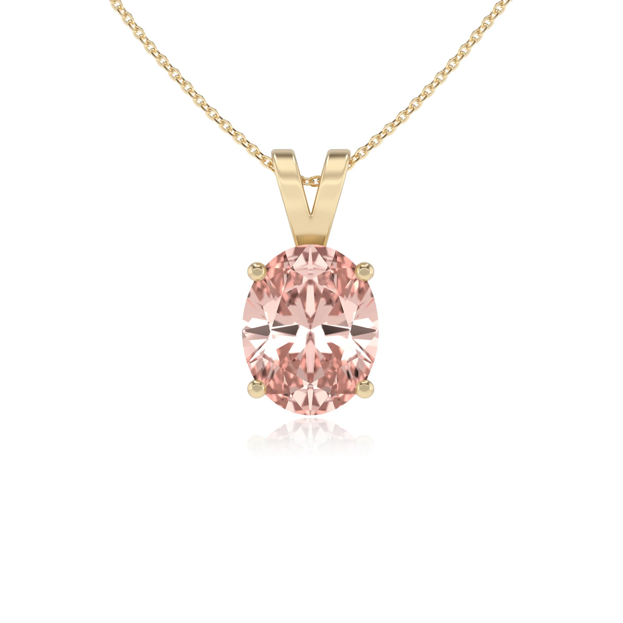 lab grown morganite oval solitaire v-bale necklaces in yellow gold 