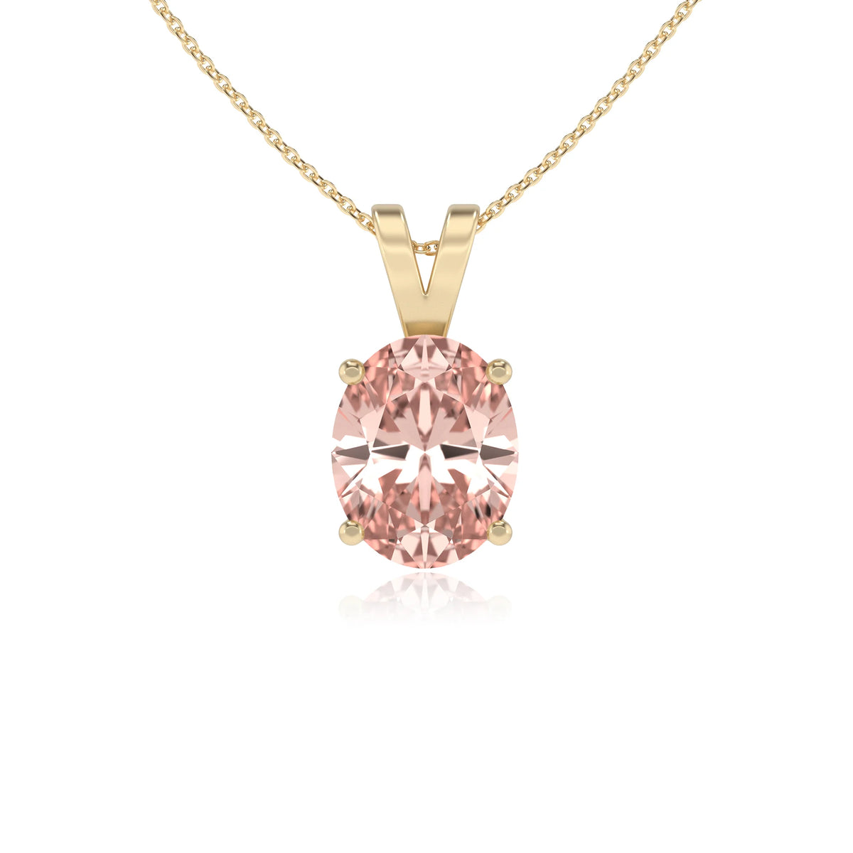 lab grown morganite oval solitaire v-bale necklaces in yellow gold 