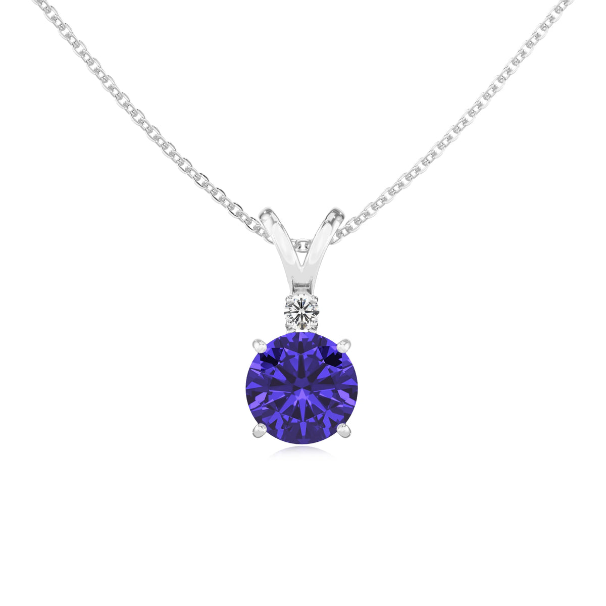 lab grown tanzanite round solitaire v-bale necklaces in white gold 