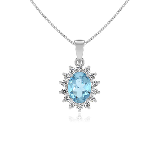 lab grown aquamarine oval halo necklaces in sterling silver 