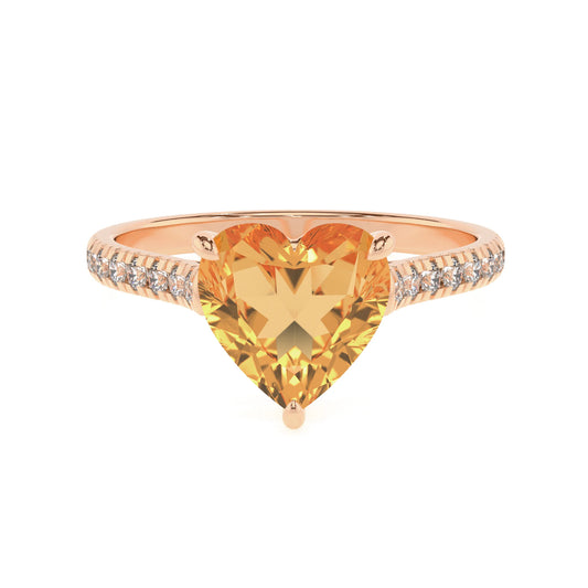 lab grown citrine heart half eternity solitaire engagement rings in rose gold 