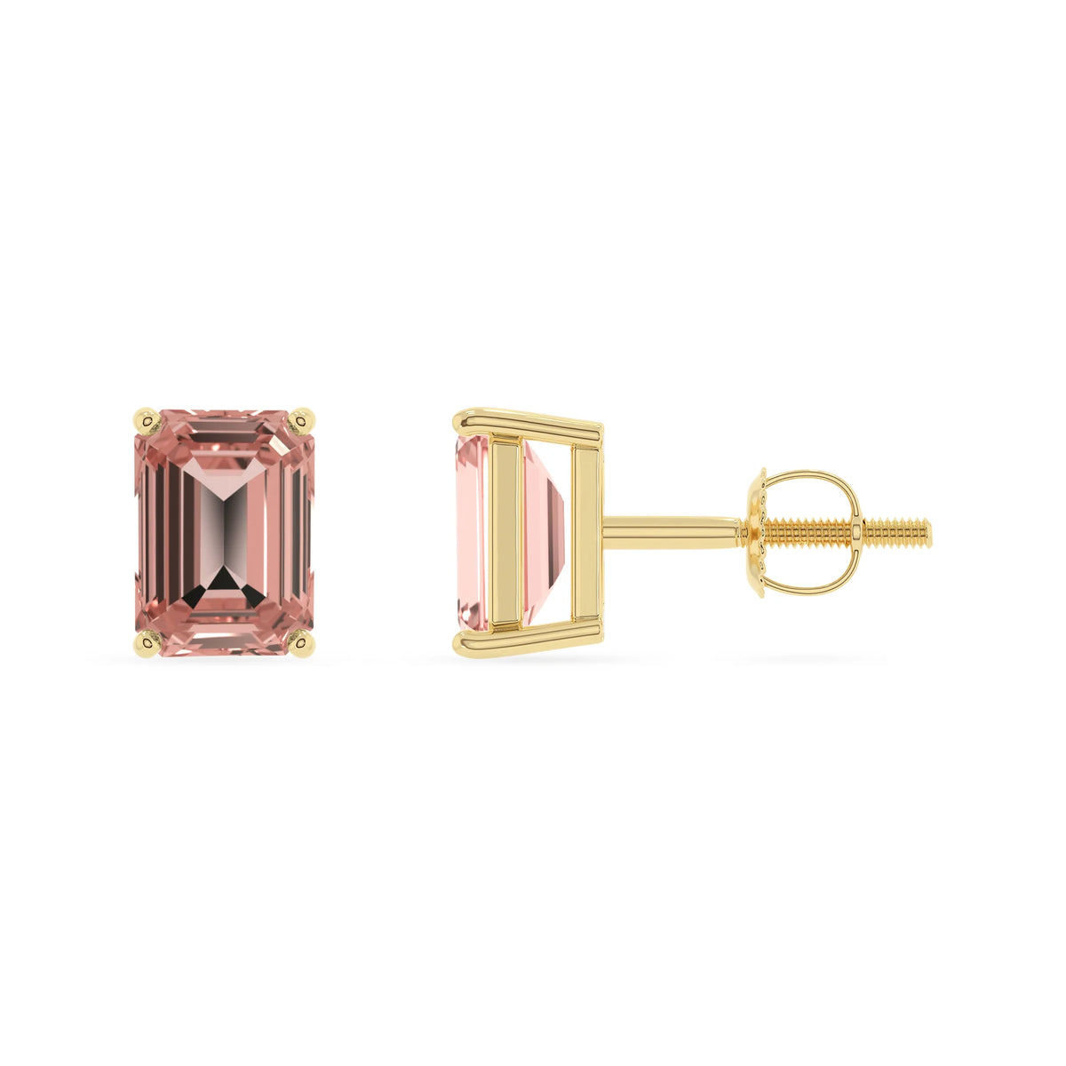 lab grown morganite emerald cut stud earrings in yellow gold 