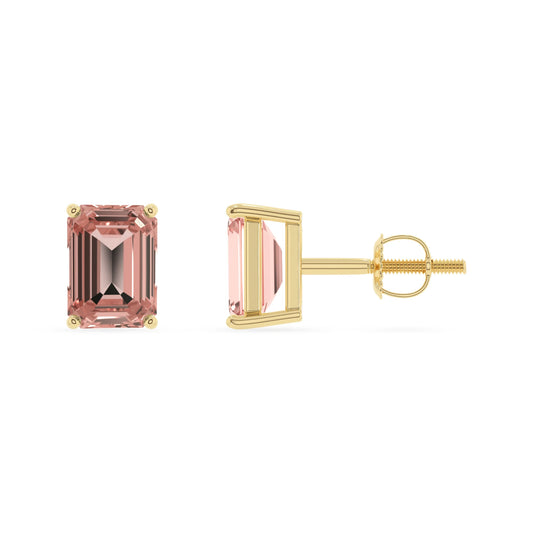 lab grown morganite emerald cut stud earrings in yellow gold 