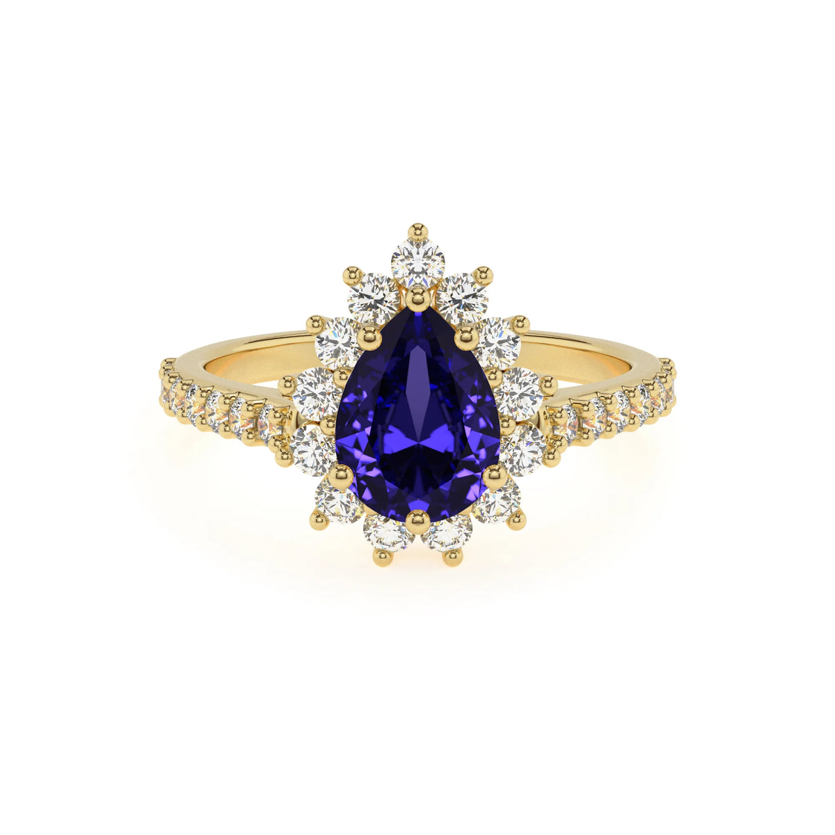 lab grown tanzanite pear solitaire rings in yellow gold 
