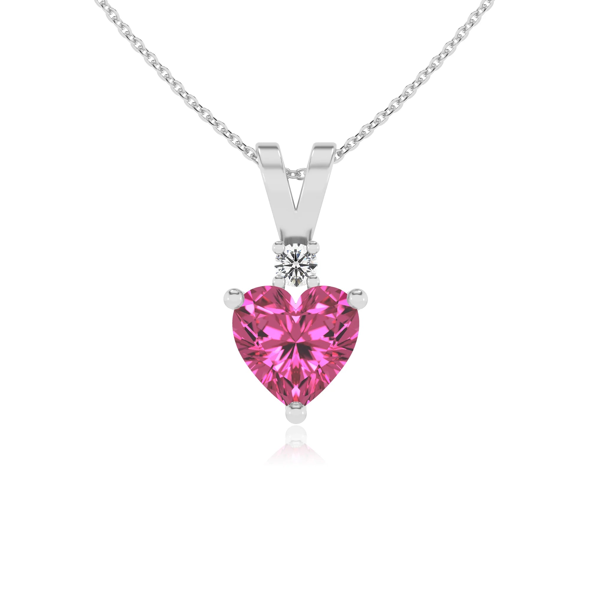 lab grown pink-sapphire heart solitaire v-bale necklaces in platinum 