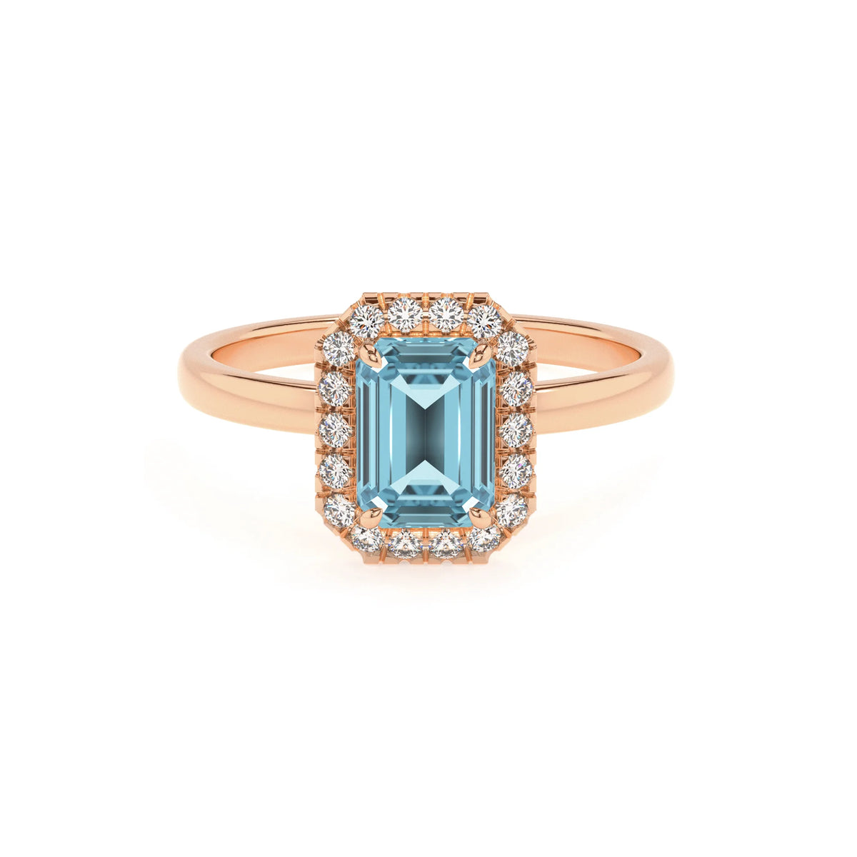 lab grown aquamarine emerald cut solitaire rings in rose gold 