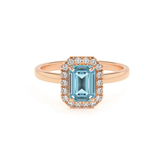 lab grown aquamarine emerald cut solitaire rings in rose gold 