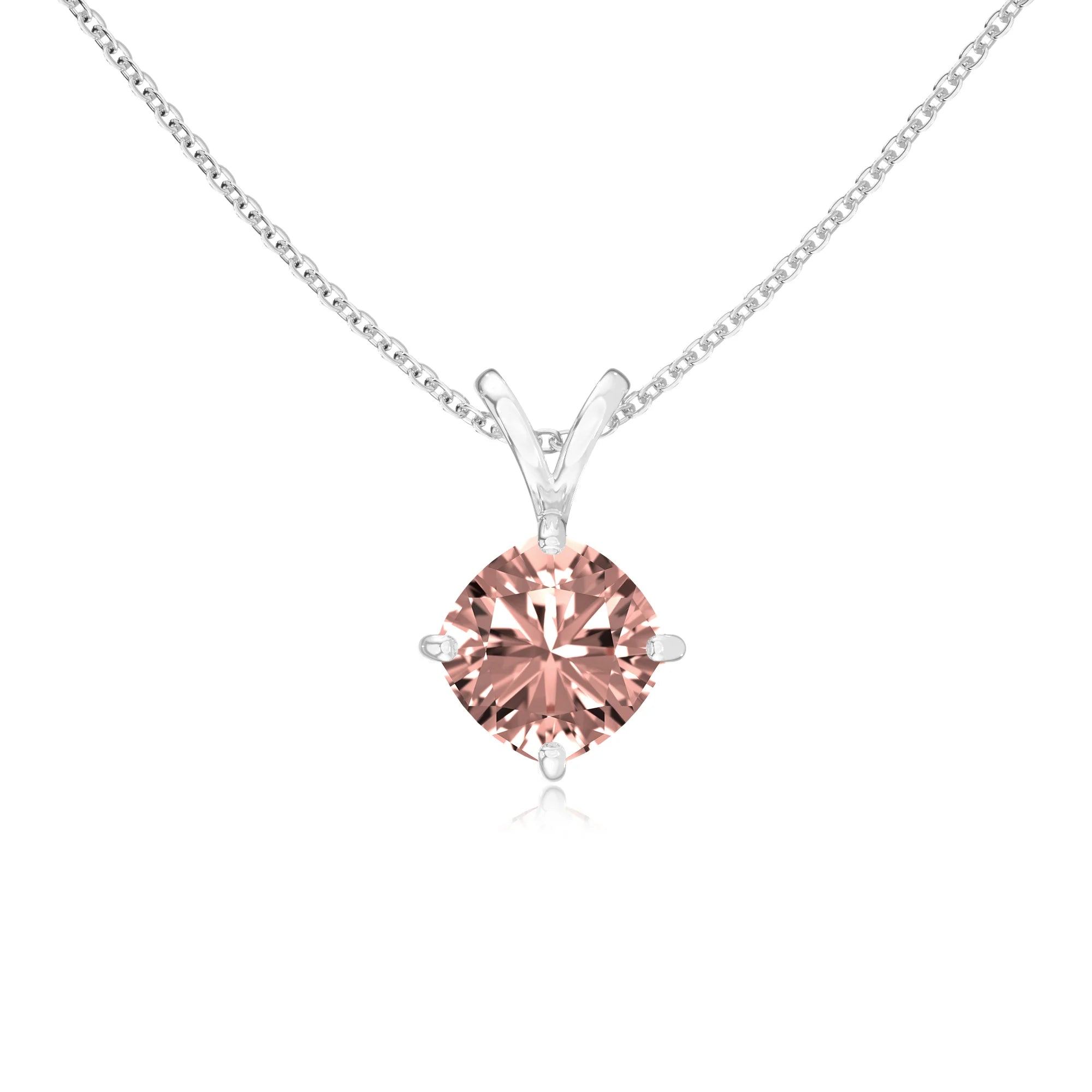 lab grown morganite cushion solitaire v-bale necklaces in sterling silver 