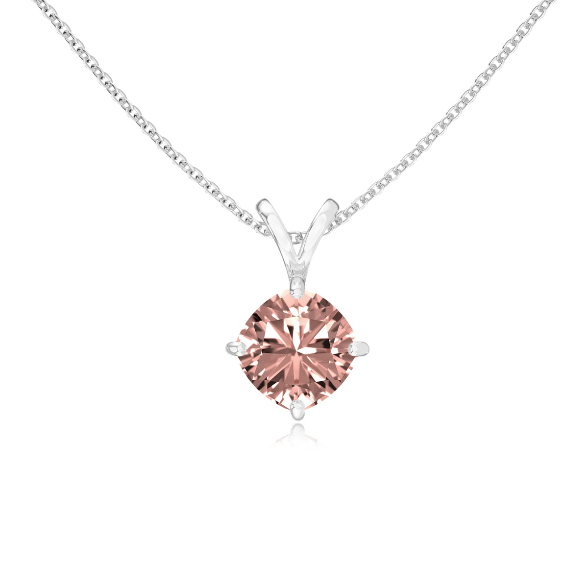 lab grown morganite cushion solitaire v-bale necklaces in sterling silver 