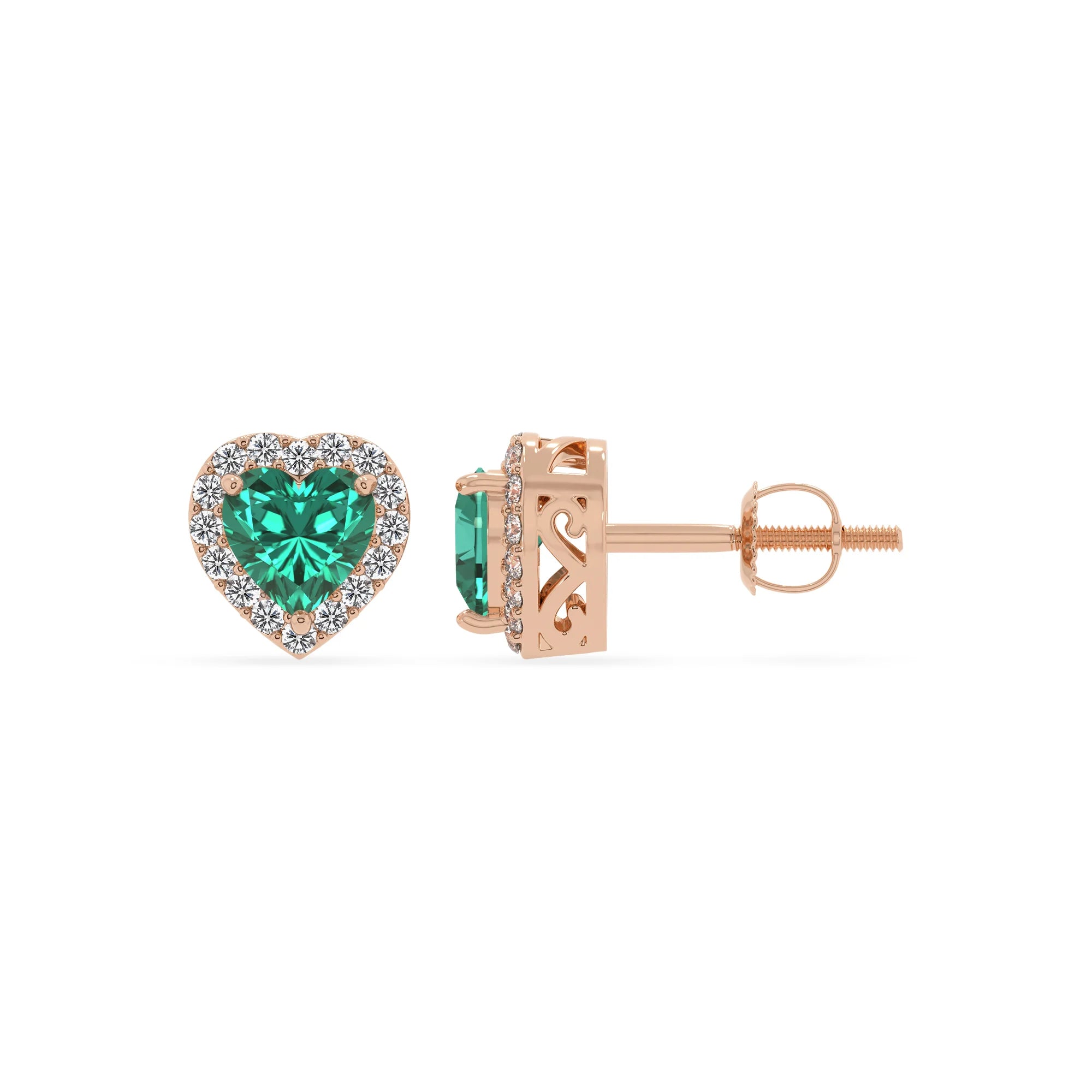 lab grown emerald heart stud earrings in rose gold 