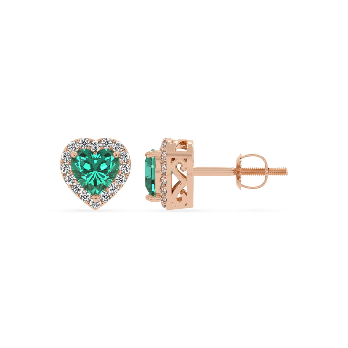 lab grown emerald heart stud earrings in rose gold 