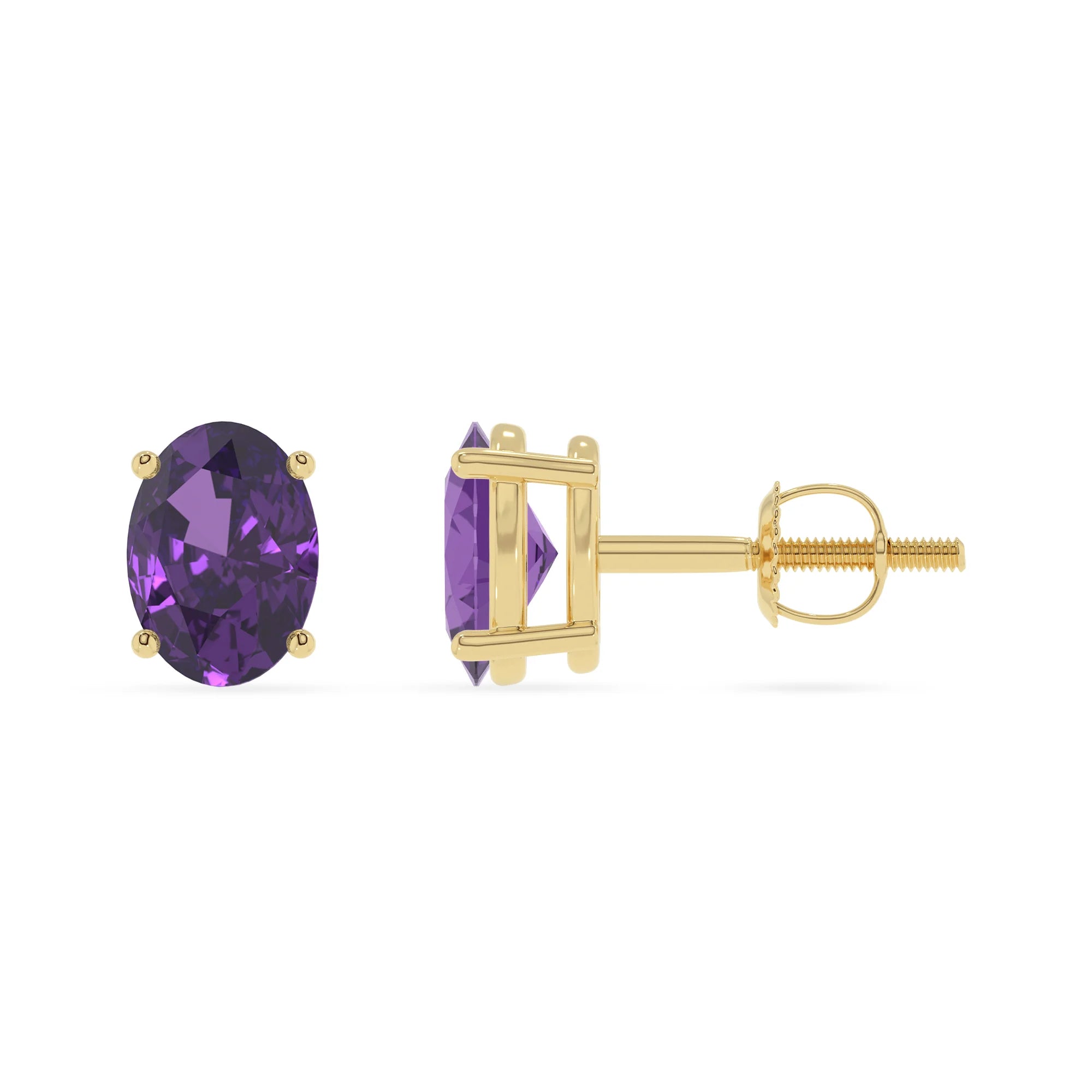 lab grown amethyst oval stud earrings in yellow gold 