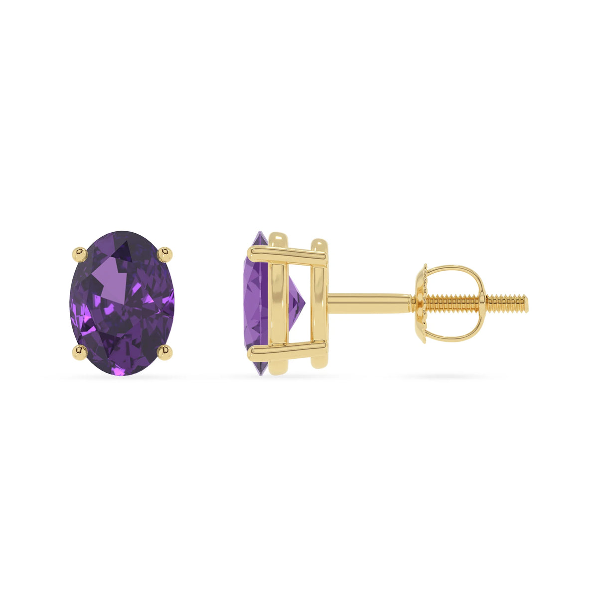 lab grown amethyst oval stud earrings in yellow gold 