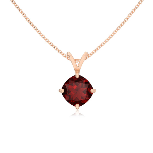 natural garnet cushion solitaire v-bale necklaces in rose gold 