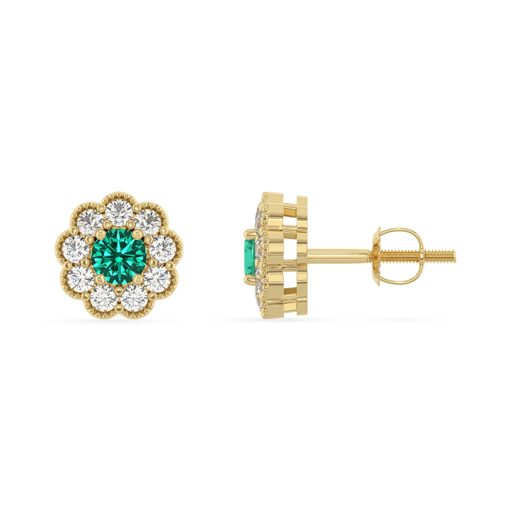 lab grown emerald round stud earrings in yellow gold 