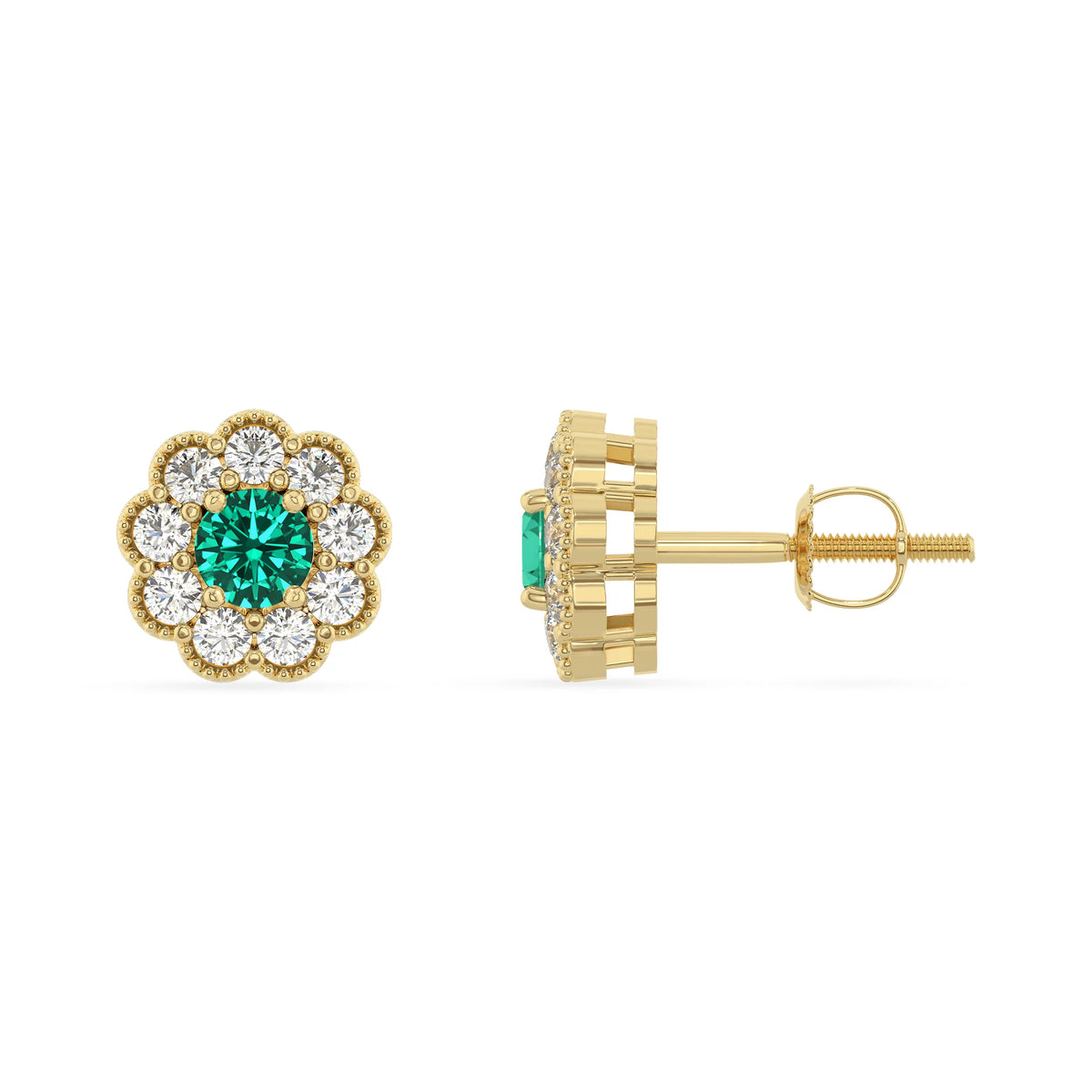 lab grown emerald round stud earrings in yellow gold 