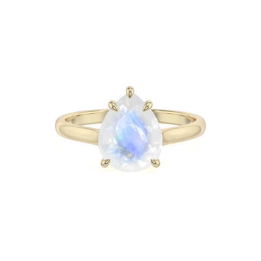 natural rainbow-moonstone pear solitaire rings in yellow gold 