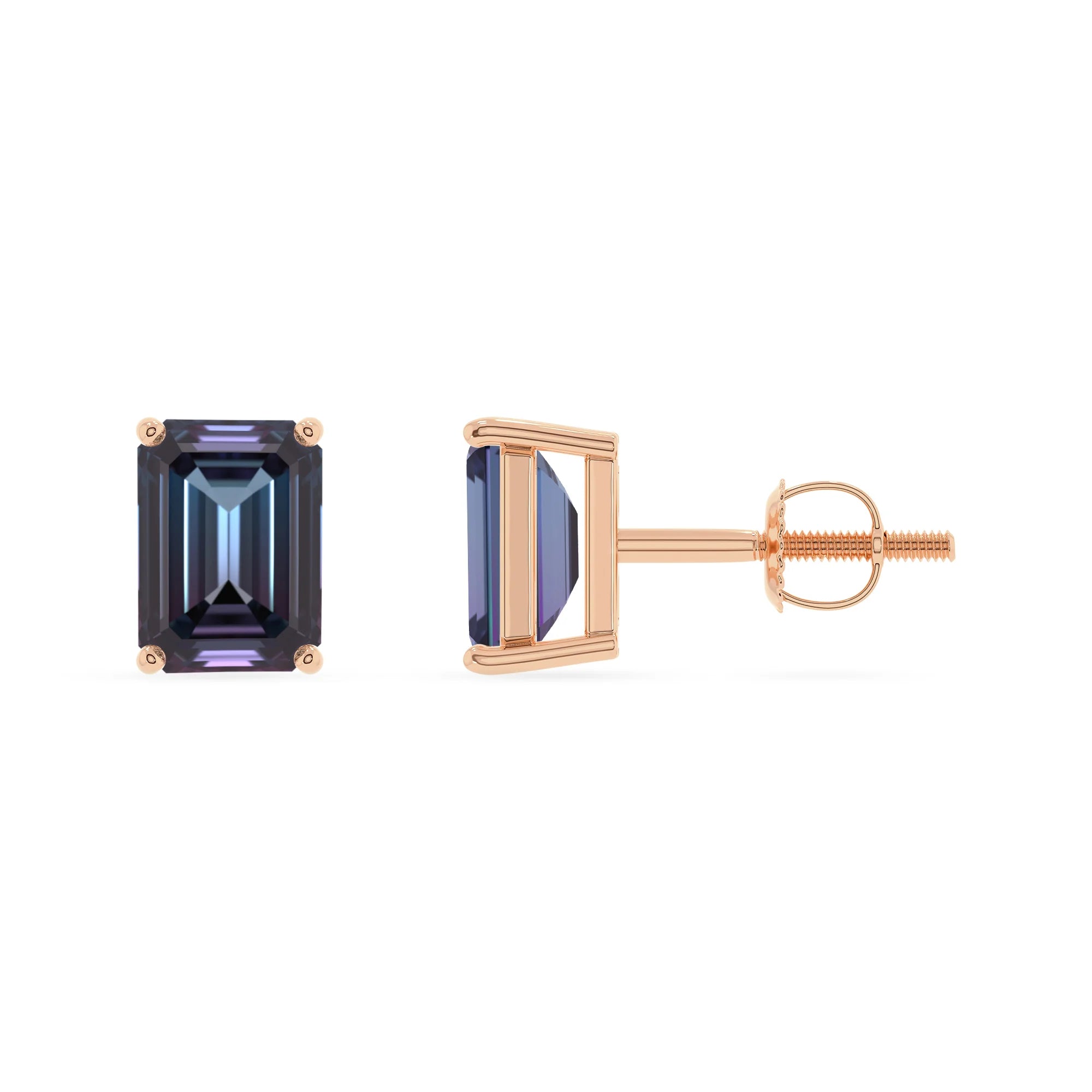 lab grown alexandrite emerald cut stud earrings in rose gold 