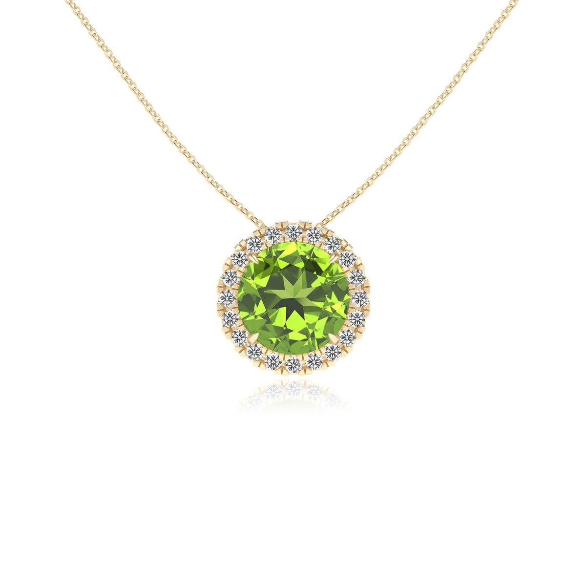 natural peridot round solitaire necklaces in yellow gold 