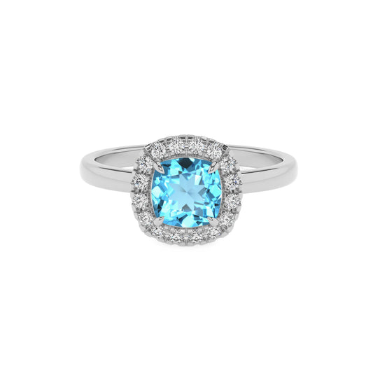 natural swiss-blue-topaz cushion solitaire rings in white gold 