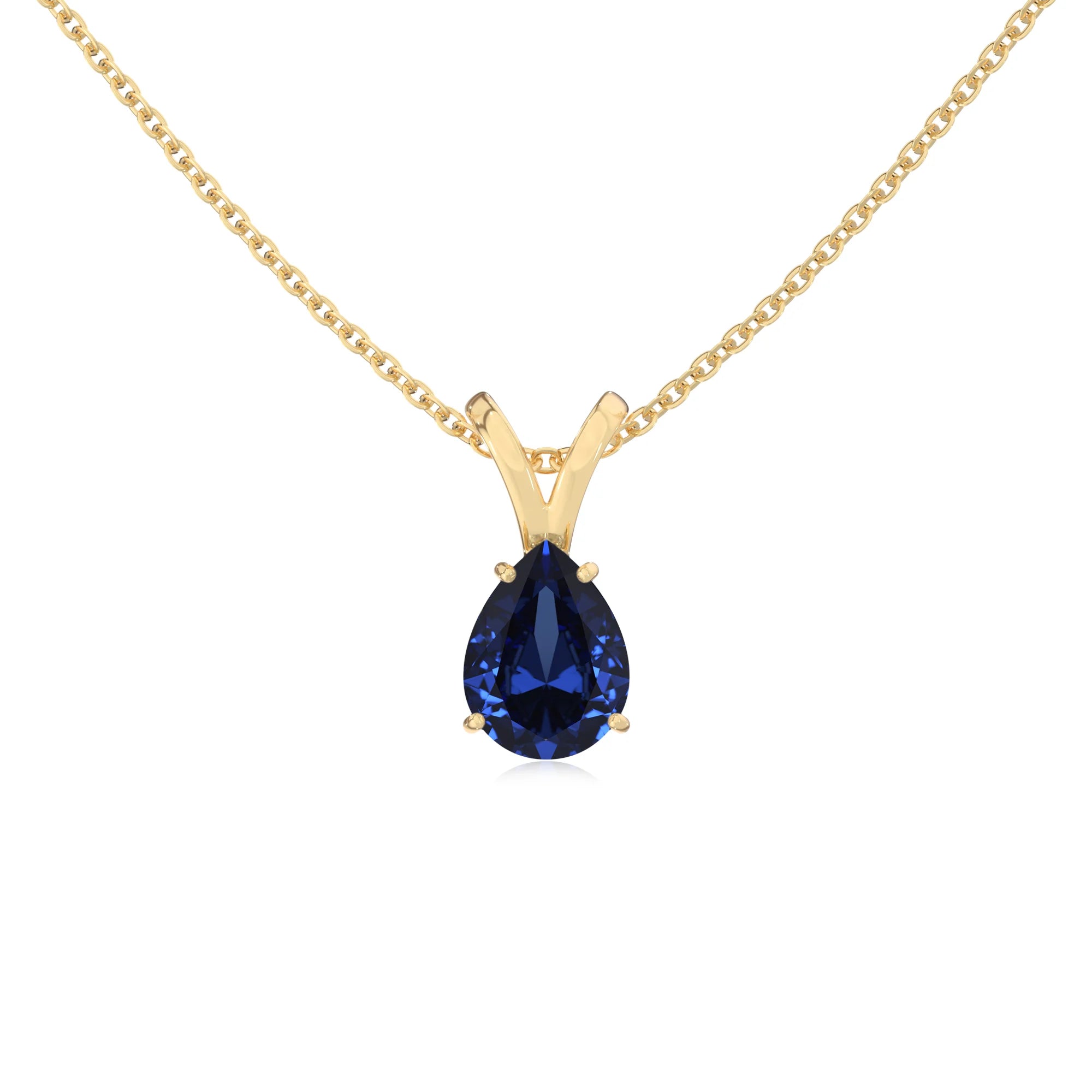 lab grown blue-sapphire pear solitaire v-bale necklaces in yellow gold 