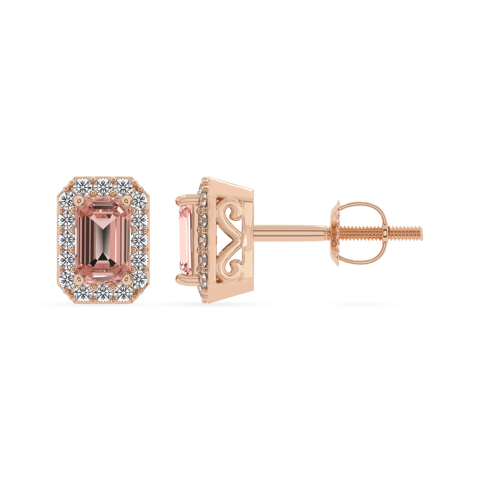 lab grown morganite emerald cut stud earrings in rose gold 