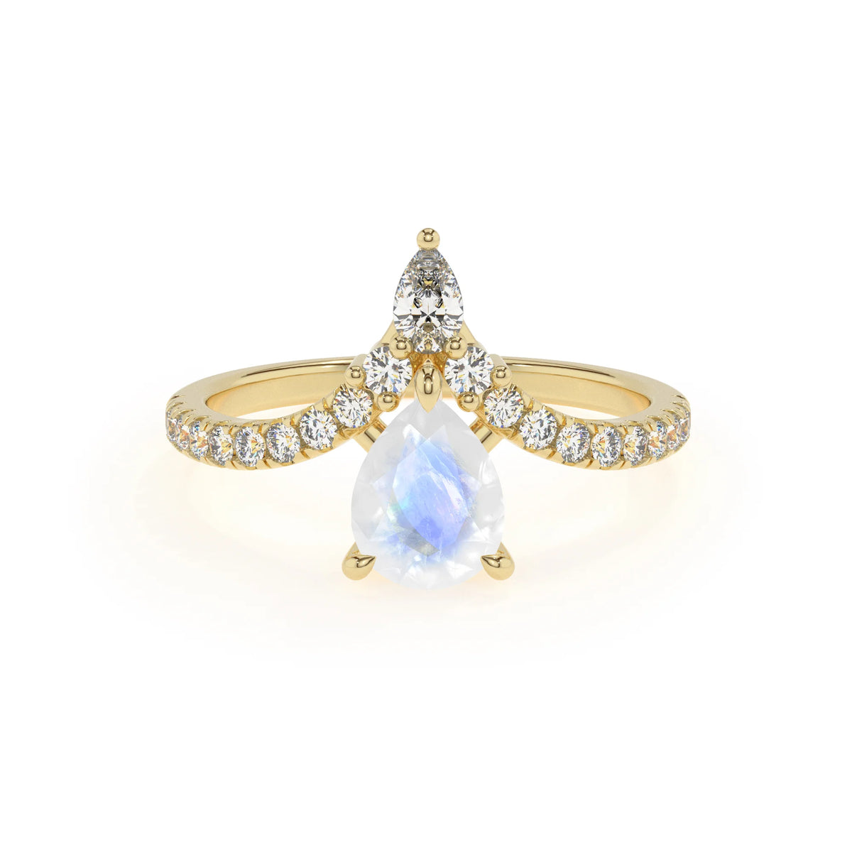natural rainbow-moonstone pear solitaire rings in yellow gold 