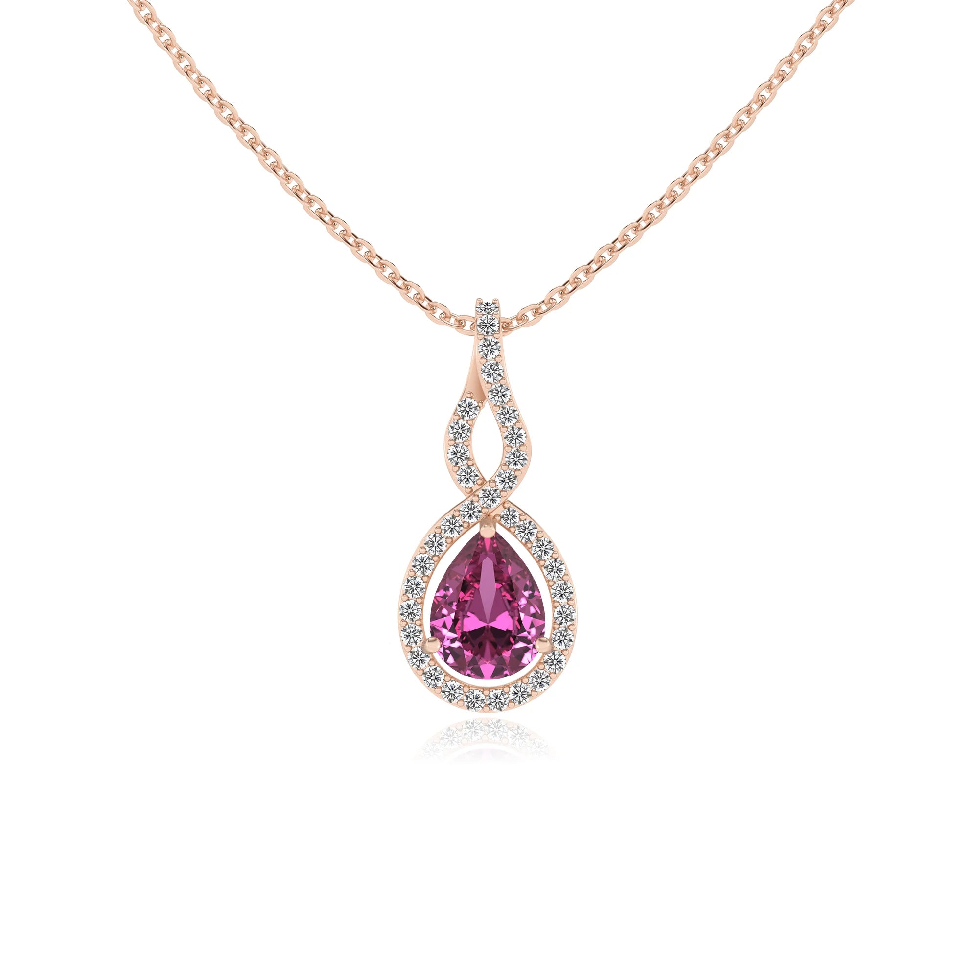 lab grown pink-sapphire pear necklaces in rose gold 