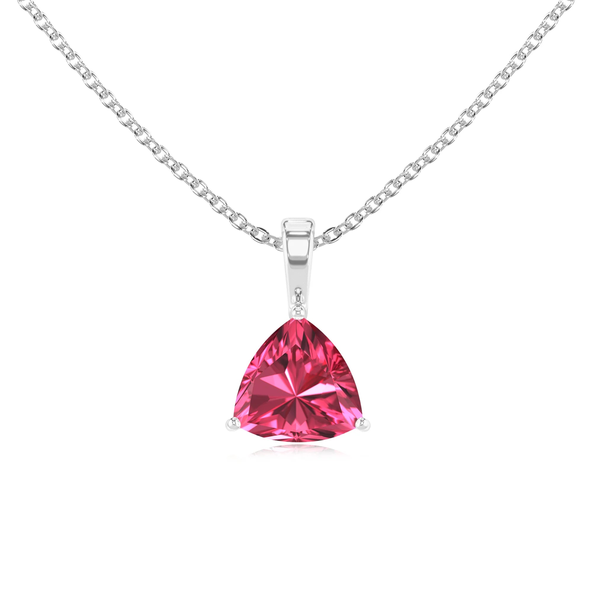 lab grown pink-tourmaline trillion solitaire necklaces in white gold 