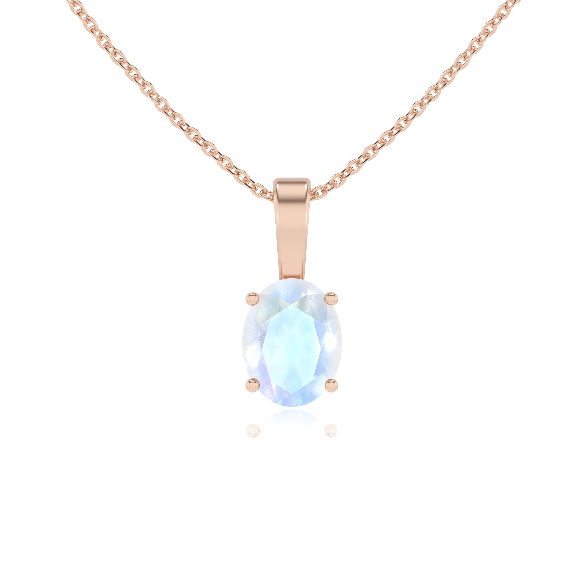 natural rainbow-moonstone oval solitaire necklaces in rose gold 