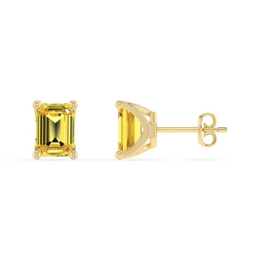 lab grown yellow sapphire emerald cut stud earrings in yellow gold 