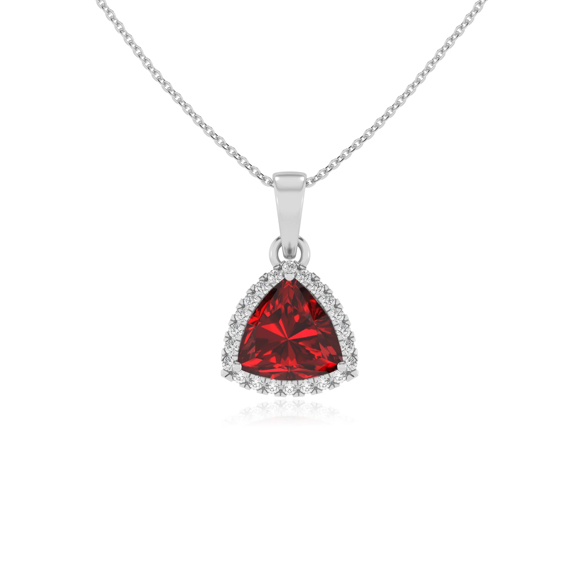 lab grown ruby trillion solitaire necklaces in white gold 
