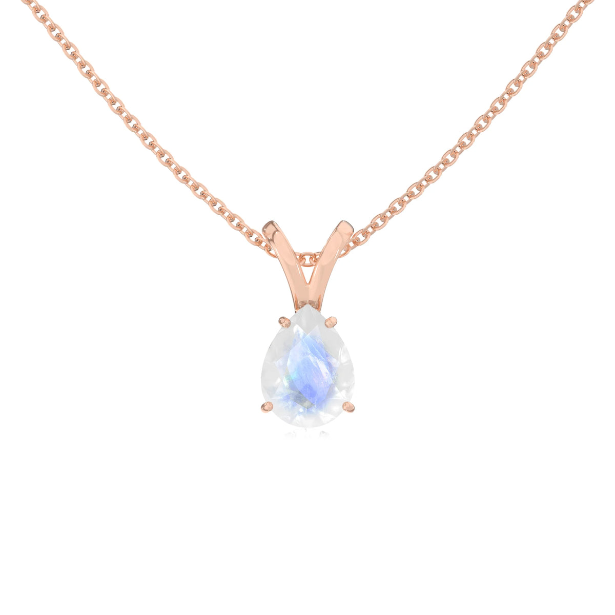 natural rainbow-moonstone pear solitaire v-bale necklaces in rose gold 