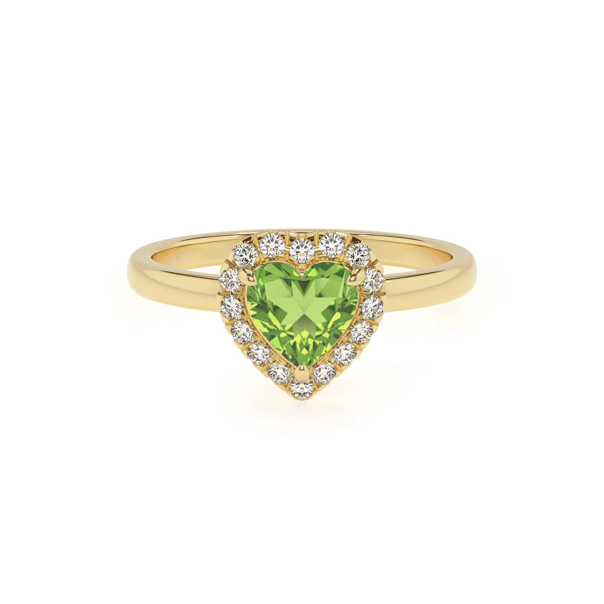 natural peridot heart solitaire rings in yellow gold 