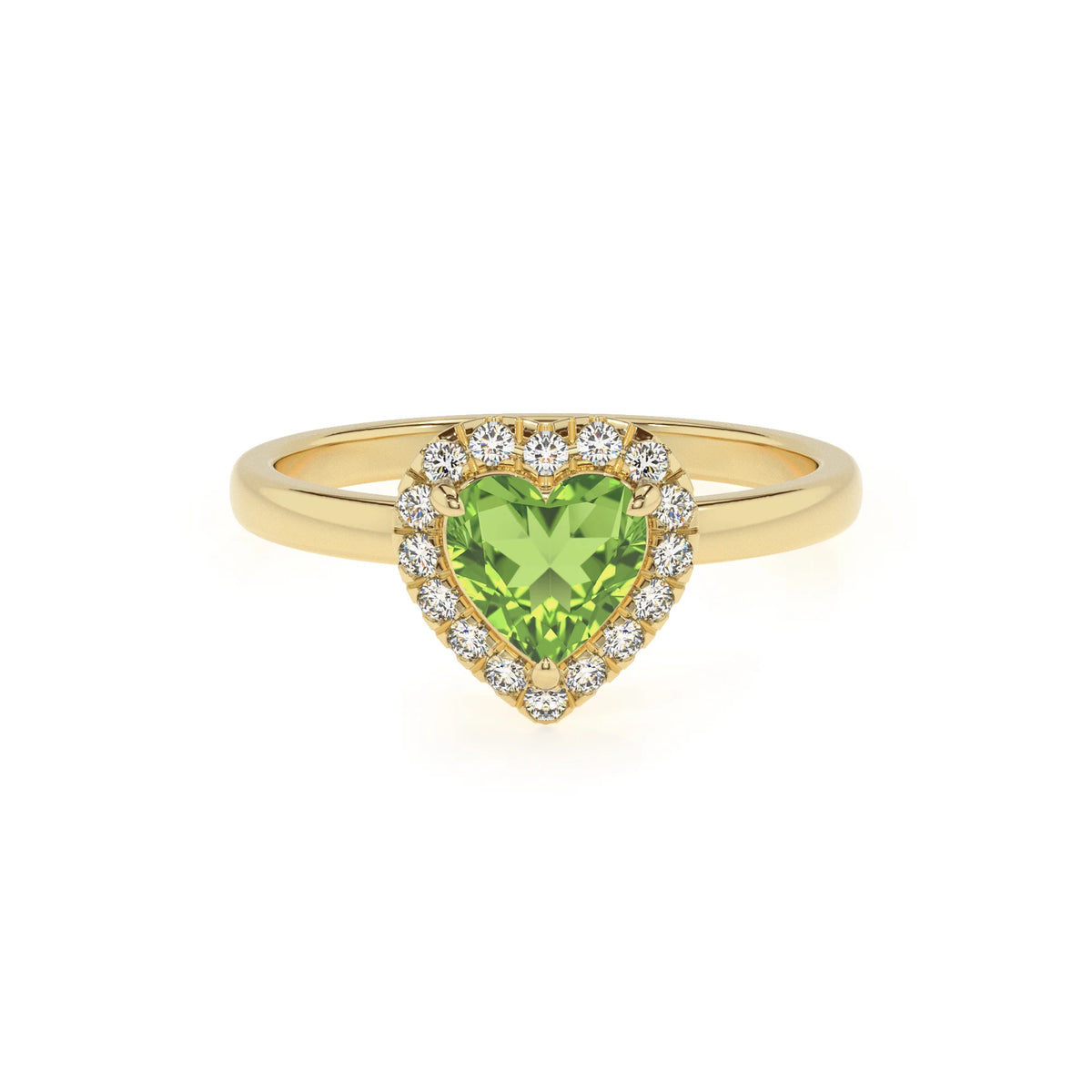 natural peridot heart solitaire rings in yellow gold 
