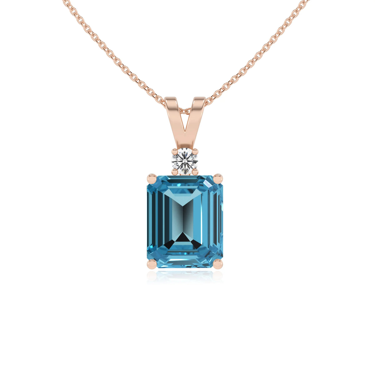 natural swiss-blue-topaz emerald cut solitaire v-bale necklaces in rose gold 