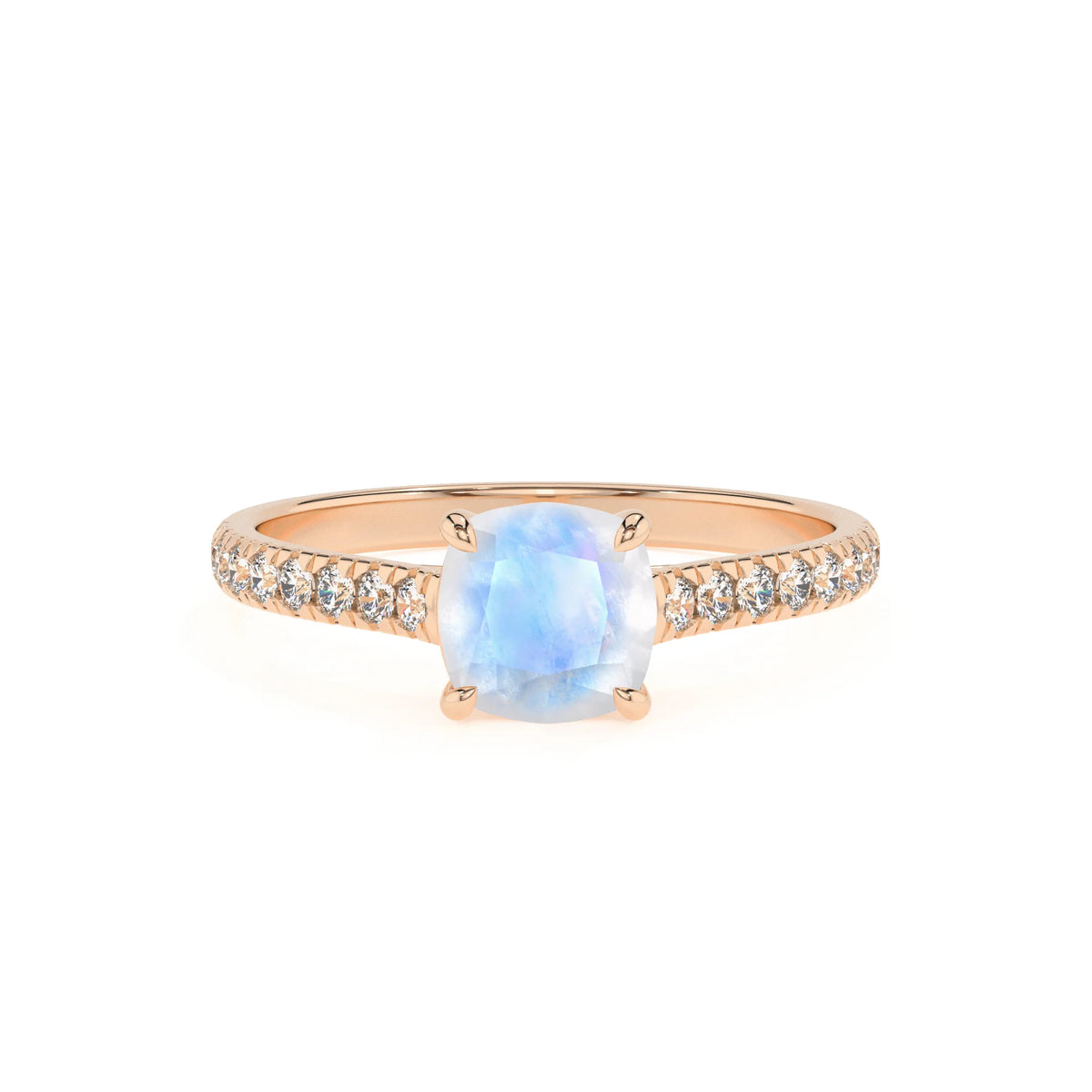 natural rainbow-moonstone cushion half eternity solitaire engagement rings in rose gold 