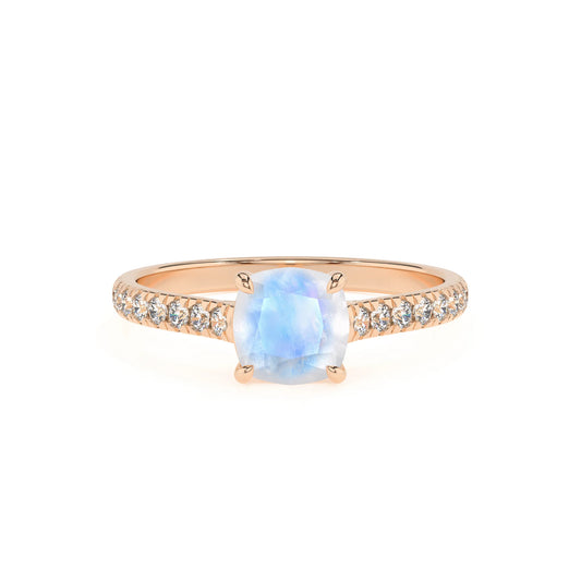 natural rainbow-moonstone cushion half eternity solitaire engagement rings in rose gold 