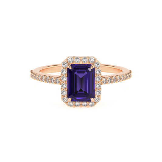 lab grown tanzanite emerald cut solitaire rings in rose gold 