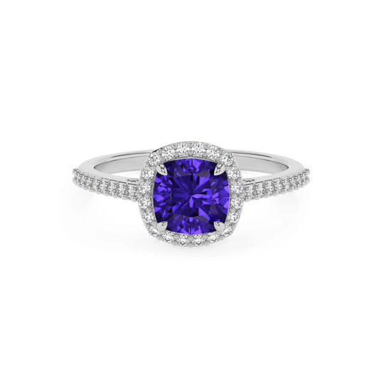 lab grown tanzanite cushion solitaire rings in white gold 