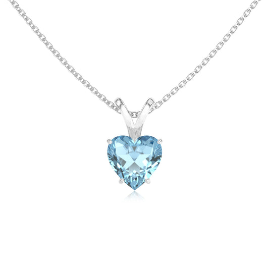 lab grown aquamarine heart solitaire v-bale necklaces in white gold 