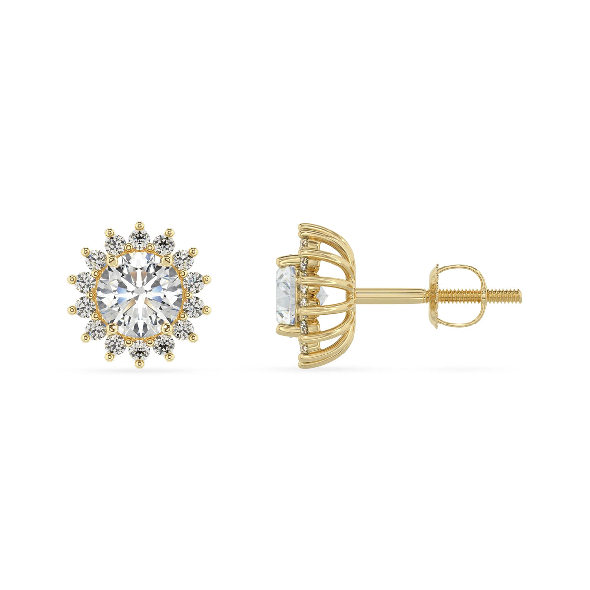 lab grown moissanite round stud earrings in yellow gold 