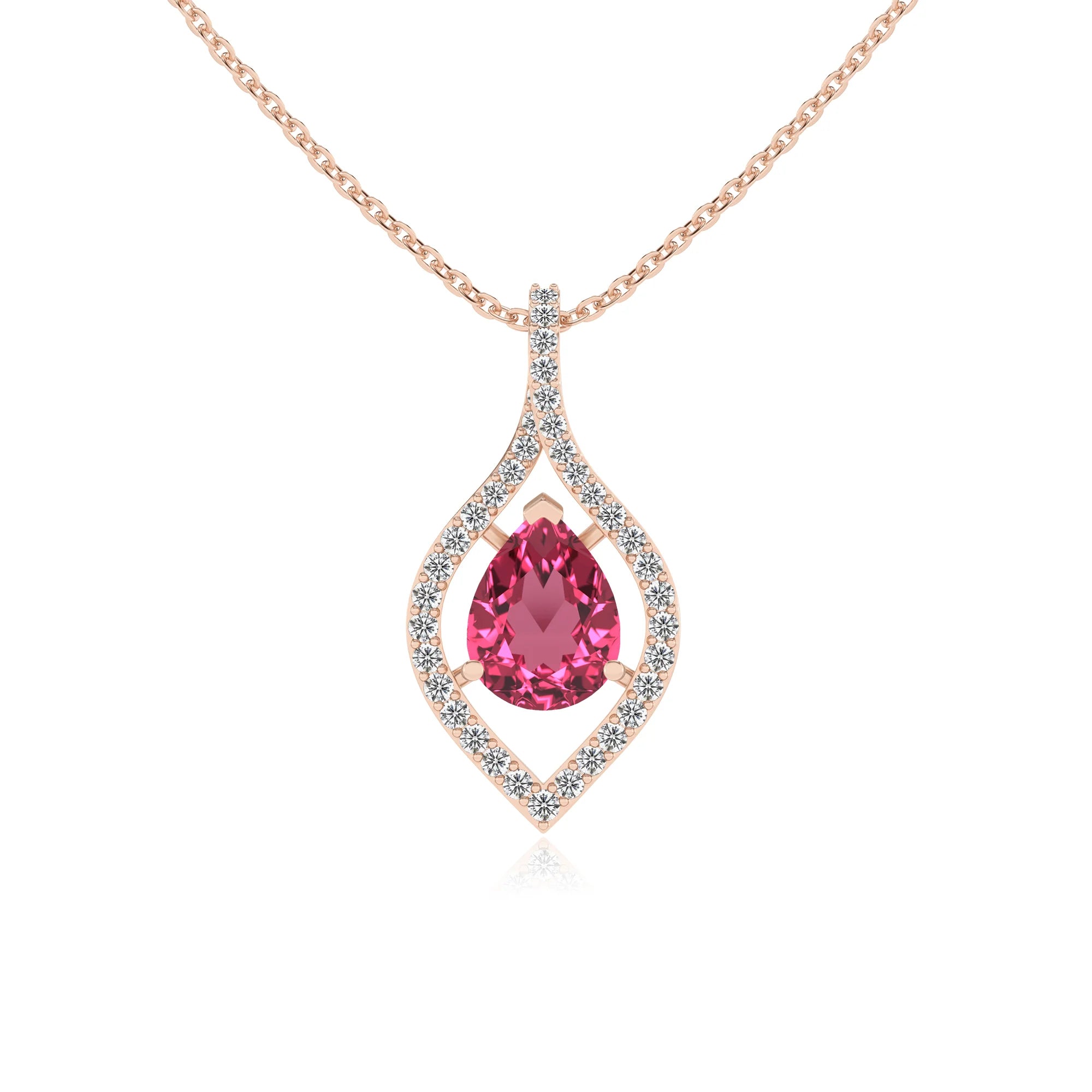 lab grown pink-tourmaline pear infinity necklaces in rose gold 