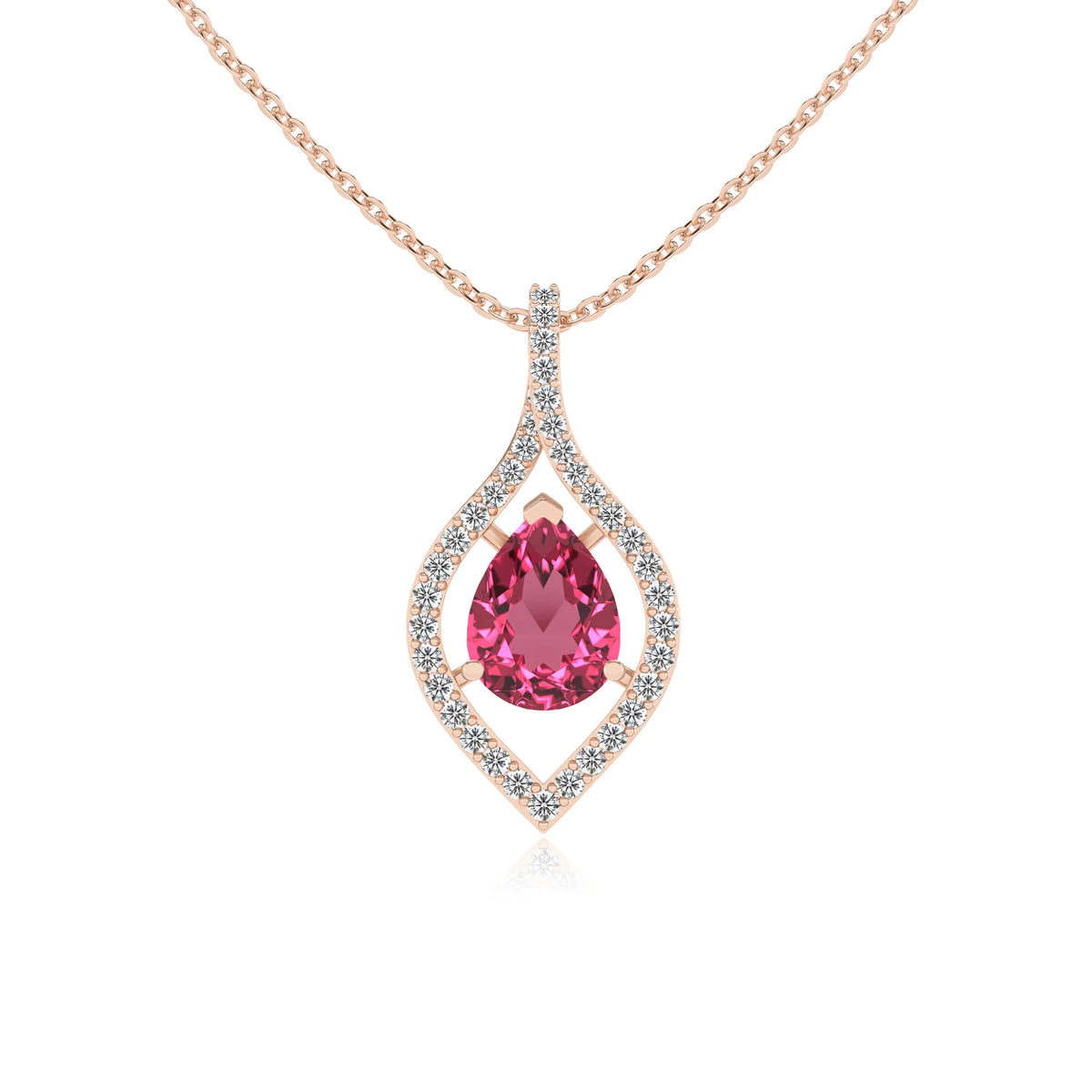 lab grown pink-tourmaline pear infinity necklaces in rose gold 