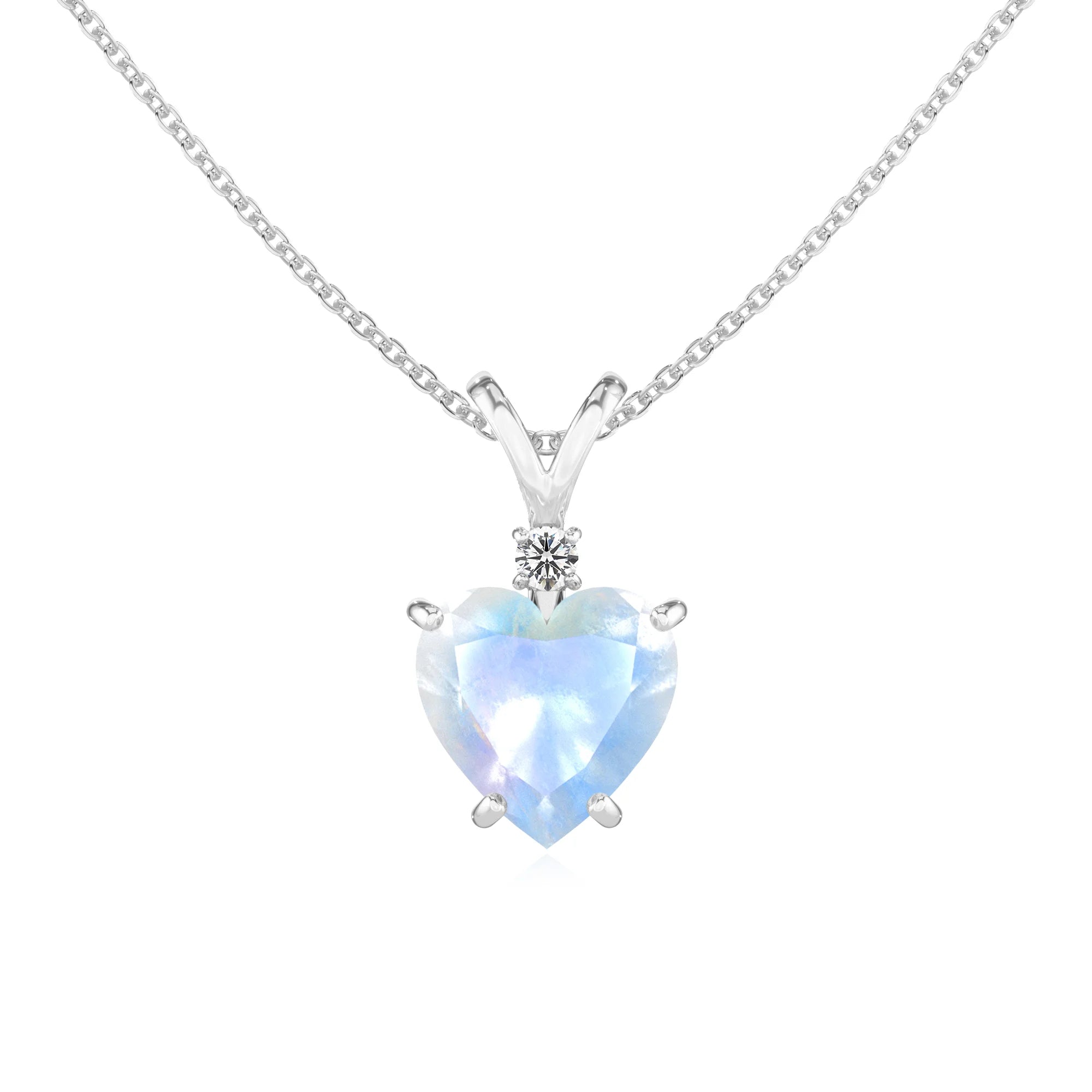 natural rainbow-moonstone heart solitaire v-bale necklaces in white gold 
