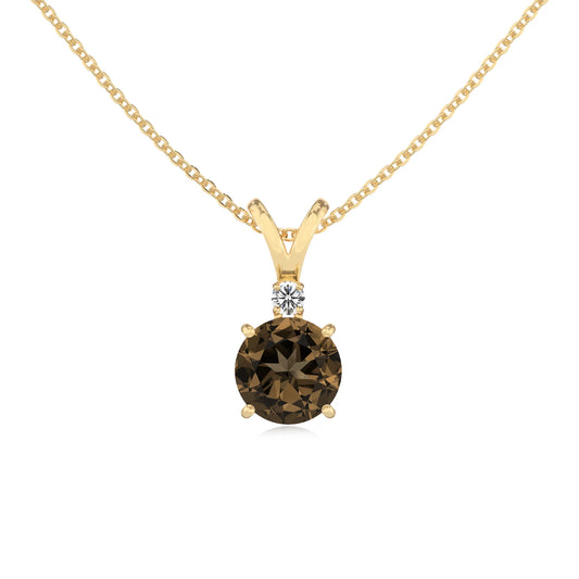 natural smoky-quartz round solitaire v-bale necklaces in yellow gold 