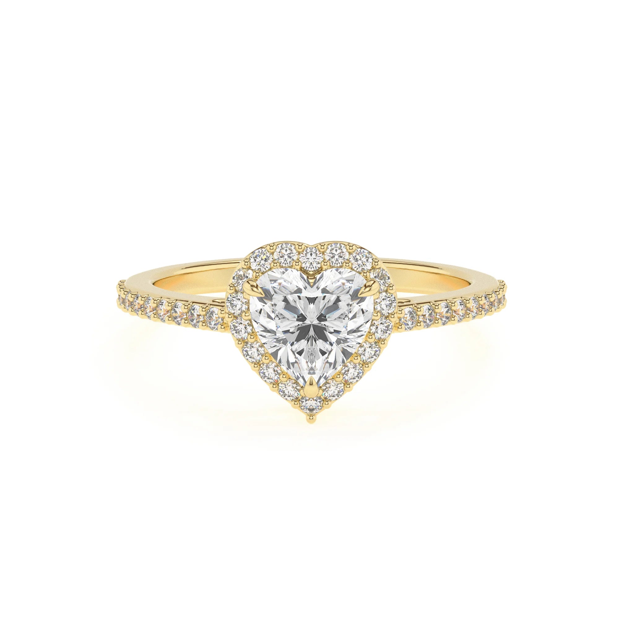 lab grown moissanite heart solitaire rings in yellow gold 