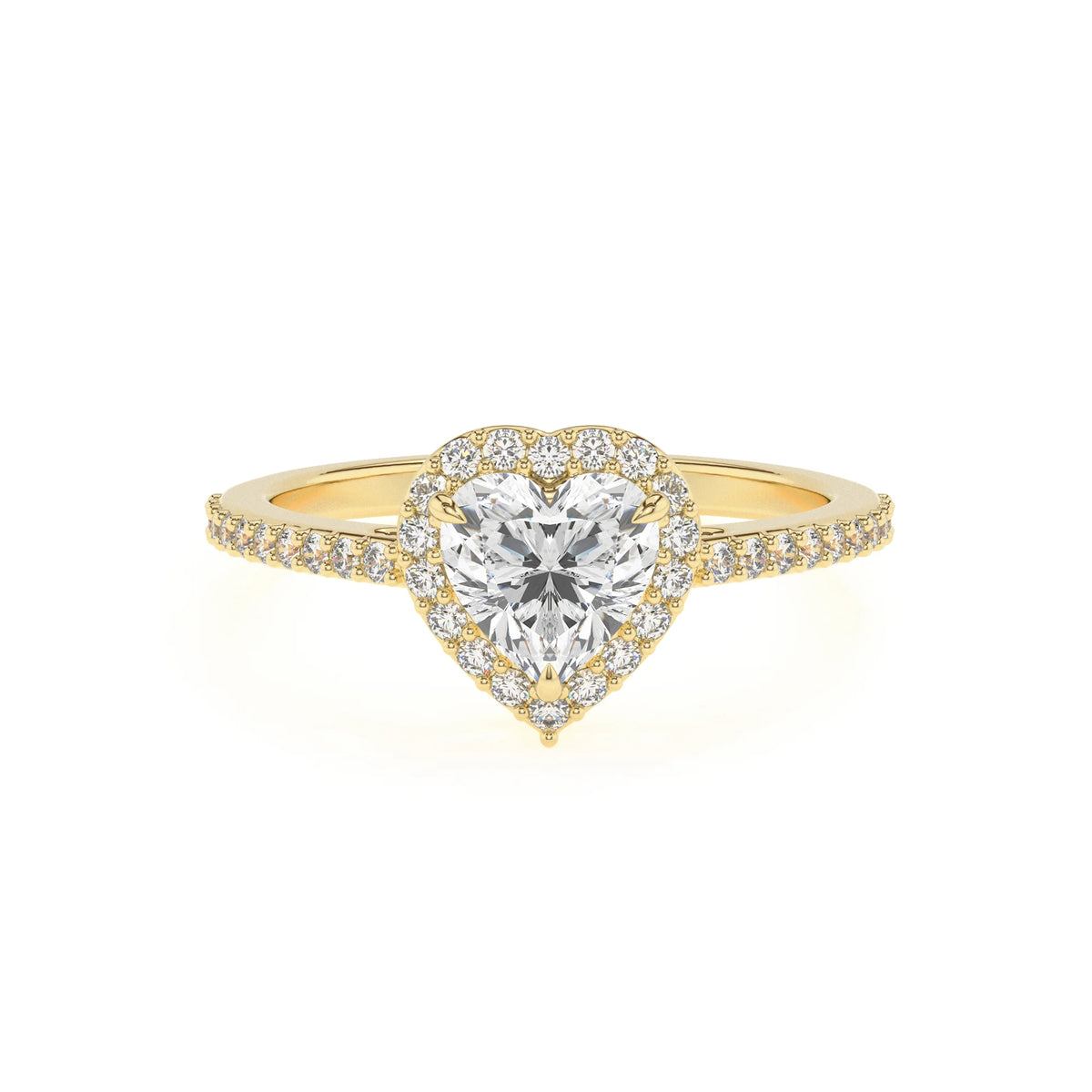 lab grown moissanite heart solitaire rings in yellow gold 